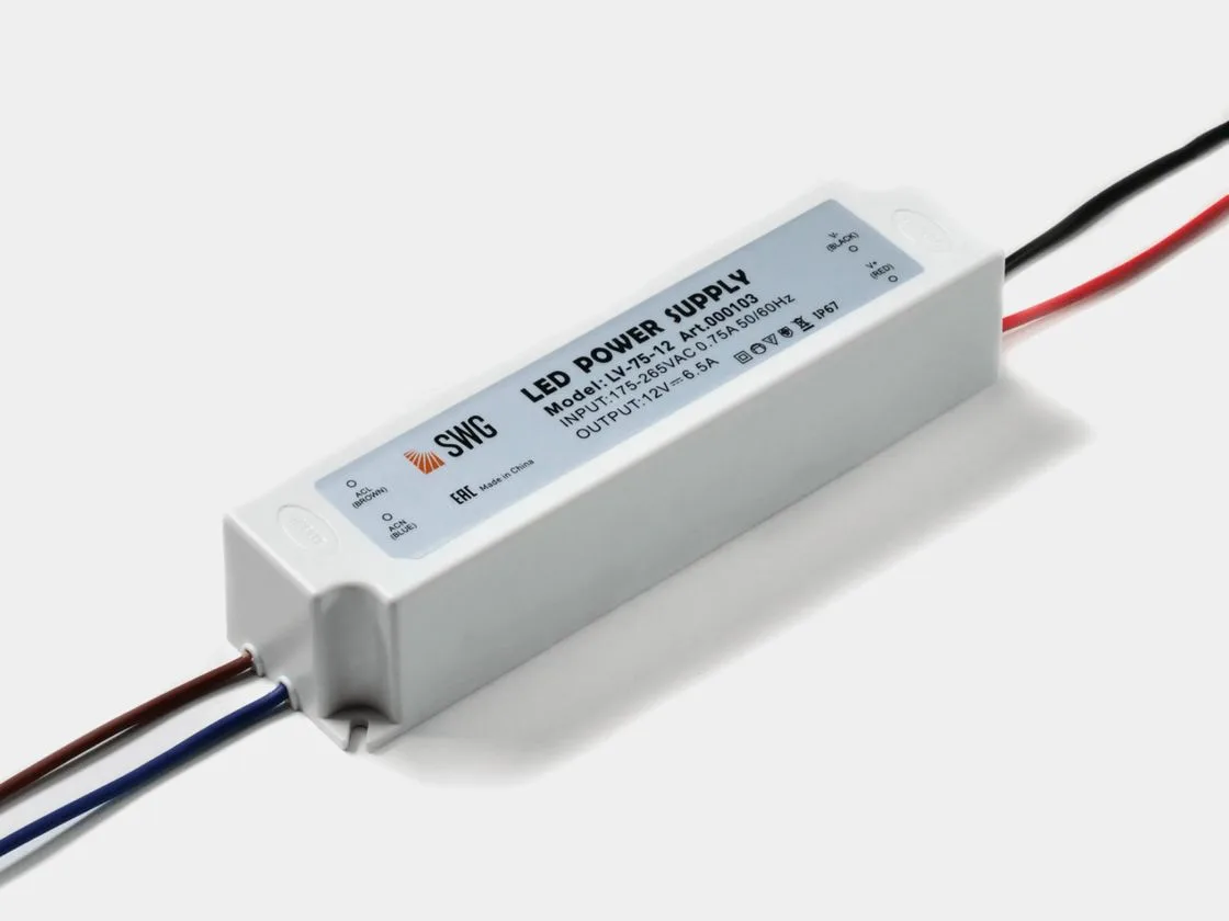 SWG Блок питания для светодиодных лент IP 67 пластик 75 W, 12V, LV-75-12 SWG Блок питания для светодиодных лент IP 67 пластик 75 W, 12V, LV-75-12